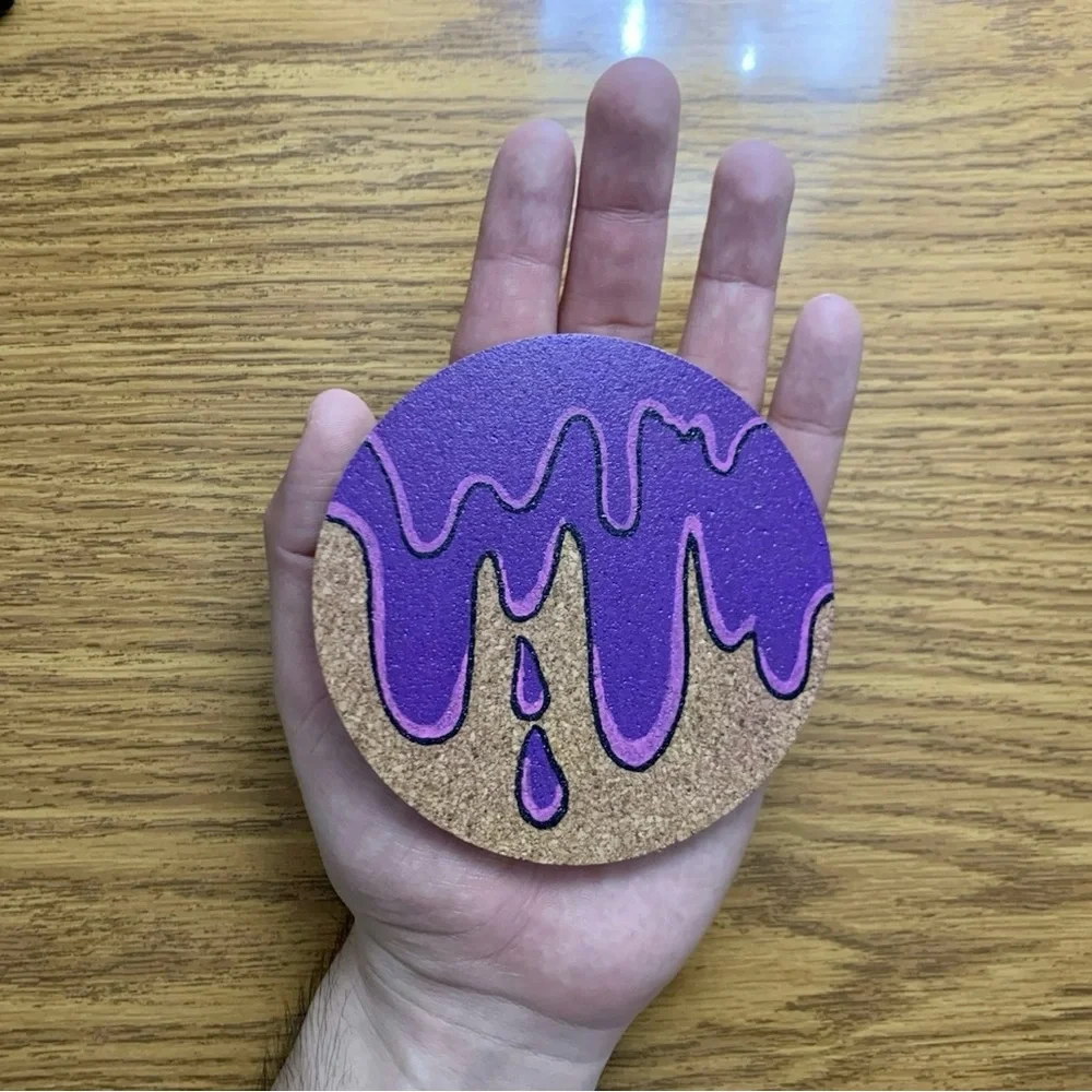 Purple Grime Drip Painted Cork Coaster